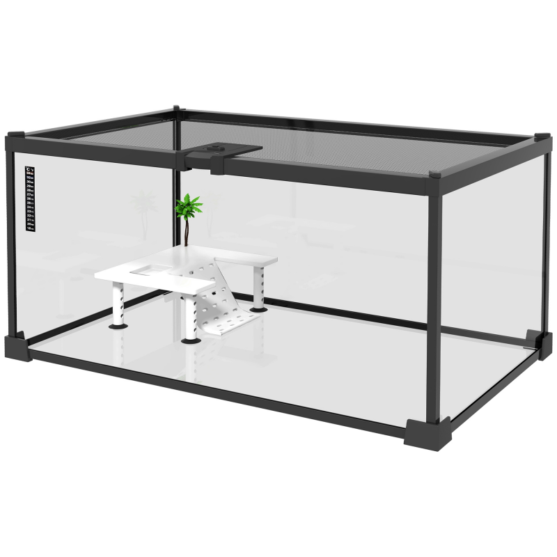 PawHut Reptilienbox Schildkröten Aquarium Terrarium Behausung Transparenter Schiebedeckel Drahtgitter Thermometer Plattform mit Rampe, Kokospalmen Dekoration und Futtertrog inklusive Glas Metall Aosom – Bild 1 von 2