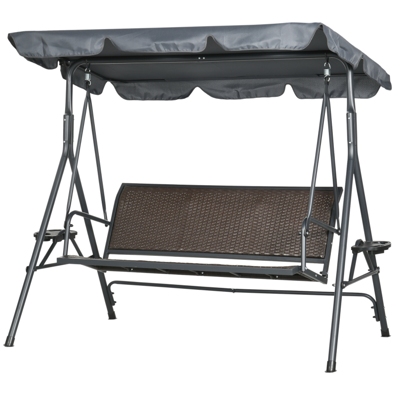 Outsunny Gartenliege 3 Sitzer mit verstellbarem Dach, Getränkehaltern und Ablageflächen, ergonomische Sitz- und Rückenlehne aus PE-Geflecht, stabiler Stahlrahmen und Polyester in Dunkelgrau und Braun Aosom – Bild 1 von 2