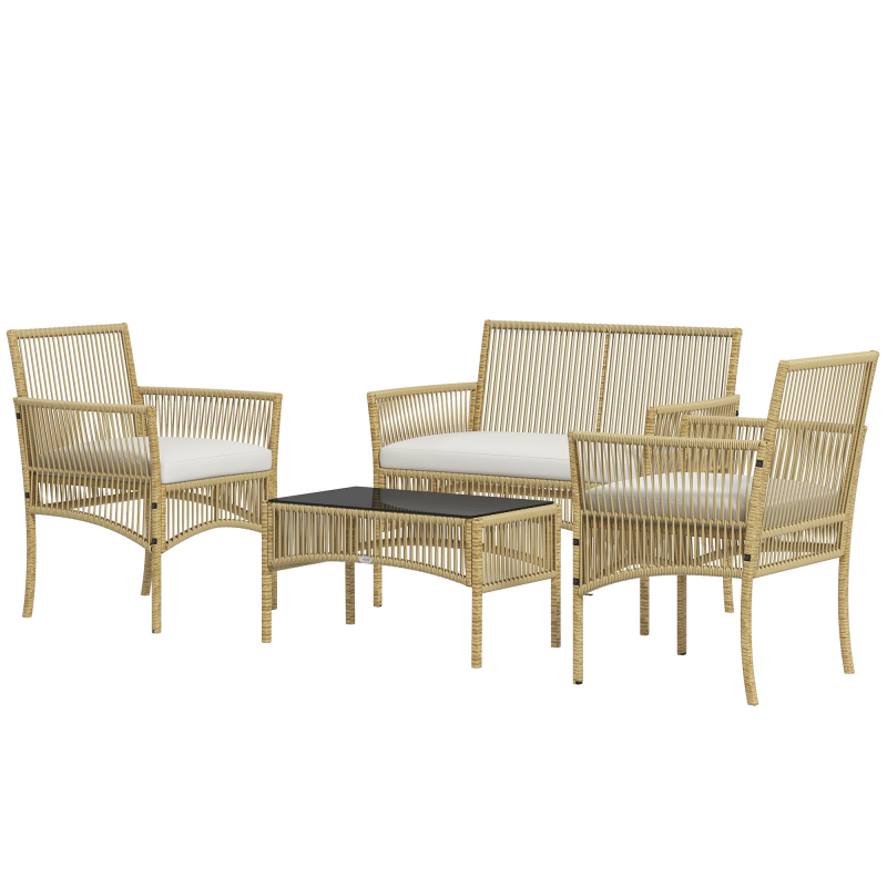 Outsunny Garten Lounge Set 4-teilig Sofa 2-Sitzer + 2 Sessel + 1 Couchtisch gehärtete Glasplatte schwarz 3 Sitzkissen - Metall und PE-Rattan - Beige Aosom – Bild 1 von 2