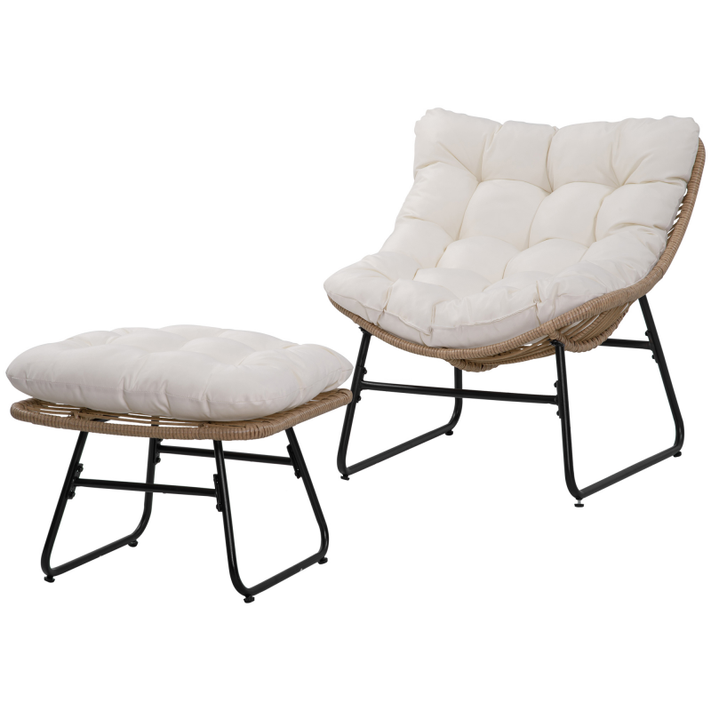 Outsunny Garten-Liegestuhl mit passendem Hocker aus Epoxid-Metall und Polyrattan in Rattan-Optik mit weichen Kissen - Natur Aosom – Bild 1 von 2