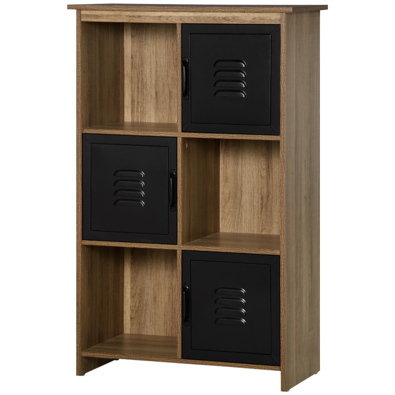 HOMCOM Industrielles Design-Bücherregal - Aufbewahrungsmöbel 3 Fächer 3 Schränke - Holzoptik mit schwarzen Metalltüren Aosom – Bild 1 von 2