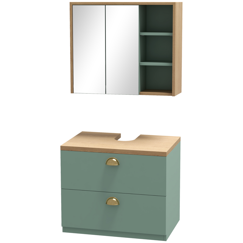 Kleankin Badezimmermöbelset Spiegelschrank Badezimmer + hängender Unterschrank mit verstellbaren Regalen 2 Schubladen skandinavisches Design grün Aosom – Bild 1 von 2
