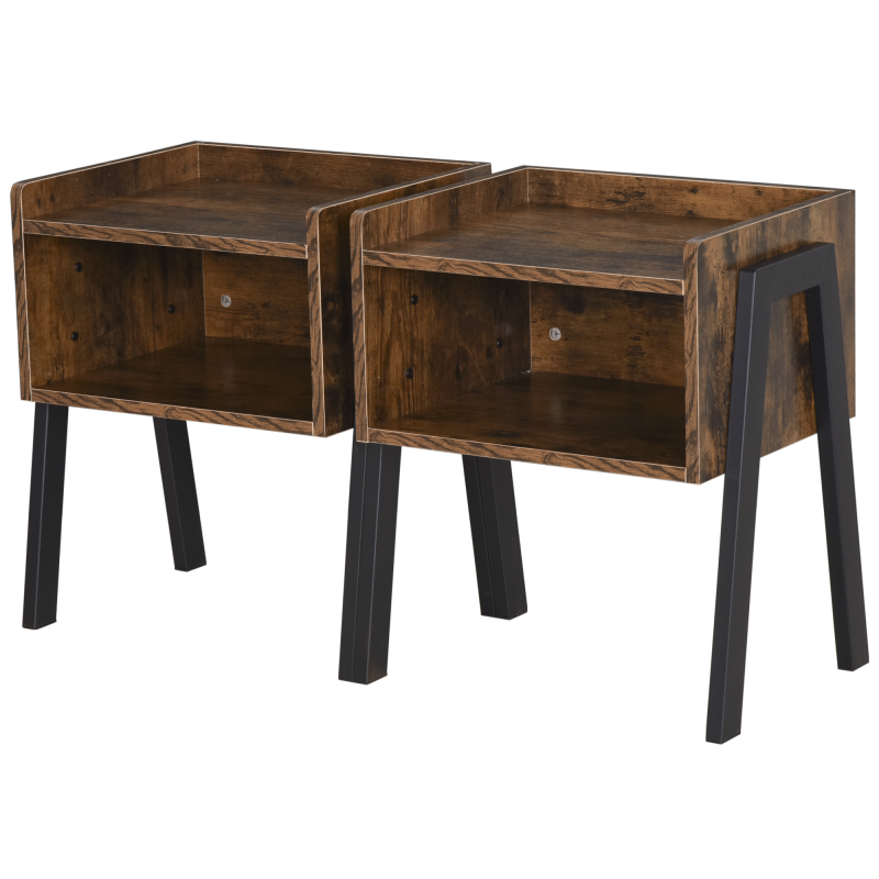 HOMCOM Set mit 2 stapelbaren Nachttischen Nachtkonsolen aus Holz Beistelltisch im industriellen Stil 46 x 35 x 52,5 cm Braun Rustikal und Schwarz Aosom – Bild 1 von 2