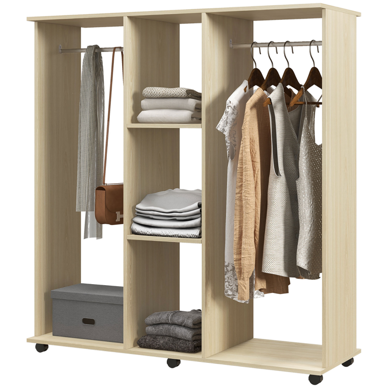 HOMCOM Schrankgarderobe Mobiler Aufbewahrungsschrank 6 Rollen 120L x 40B x 128H cm aus Naturholz Aosom – Bild 1 von 2