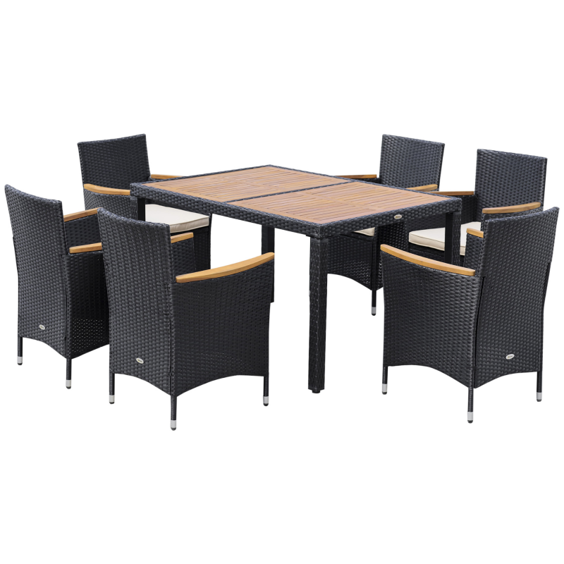 Outsunny Gartenmöbel-Set 6 Personen großer rechteckiger Esstisch + 6 Stühle & waschbare Kissen aus Stahl, PE-Rattan, Akazienholz Schwarz und Beige Aosom – Bild 1 von 2