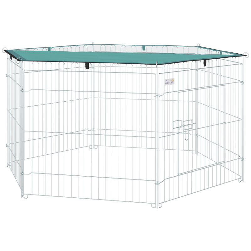 PawHut Modulares Auslaufgehege aus Stahl mit 6 Paneelen und 1 Tür für Hunde, Kaninchen, Nager, kleine Tiere für den Innen- und Außenbereich Ø 120 x 60 cm Grau Metall Grün Aosom – Bild 1 von 2