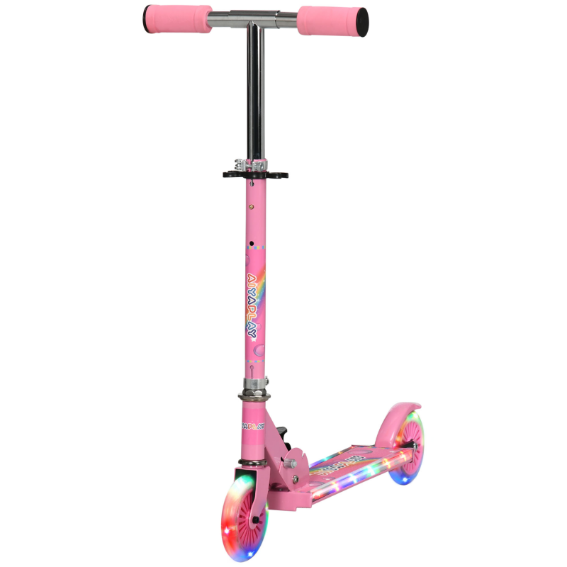 HOMCOM Kinderroller für Kinder von 3 bis 7 Jahren klappbar mit leuchtenden PU-Rädern, 12 LEDs, Musik, höhenverstellbarer Lenker in 4 Positionen, Reibungsbremse, Rosa Aosom – Bild 1 von 2