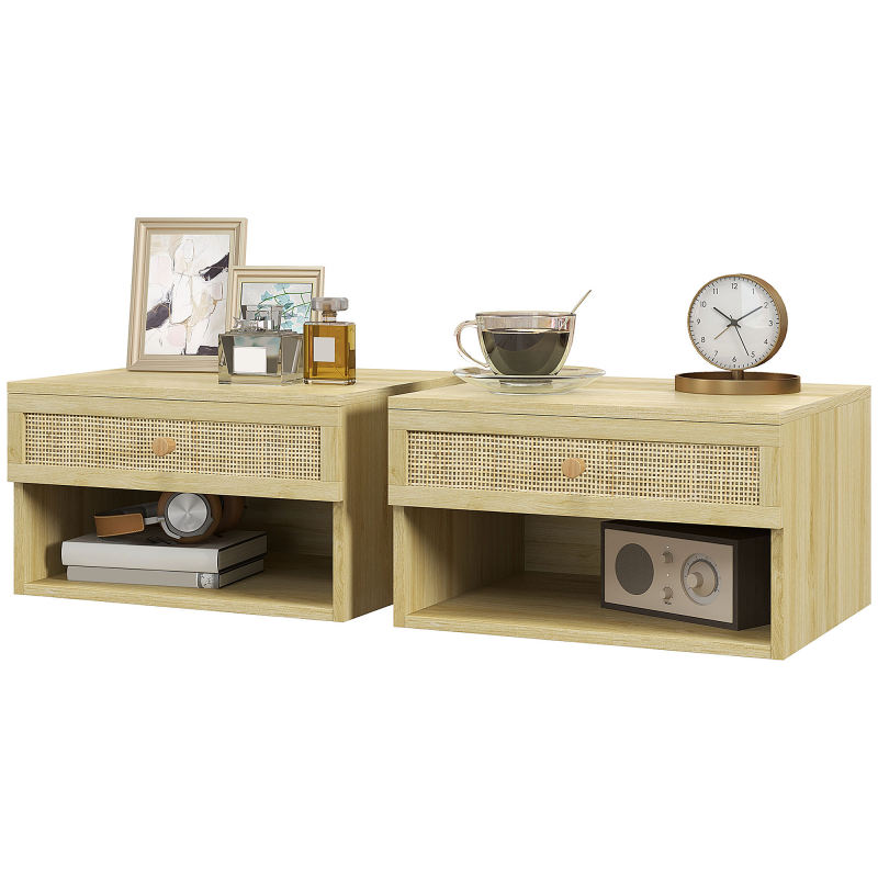 HOMCOM Set von 2 bohemischen Wandnachttischen Nachttisch - ausziehbare Schublade, Fach, Regal - Holz mit geflochtener Rattanfront Maße 40L x 34B x 23H cm Aosom – Bild 1 von 2