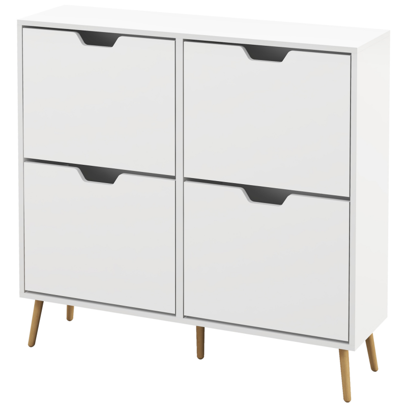 HOMCOM Schuhschrank 4 Klappen, Schuhregal 16 Paare, mit verstellbarem Regal, Kiefernholzfüßen, Schuhaufbewahrung, großer Kapazität für Flur, Eingang, 95 x 26 x 95 cm, weiß Aosom – Bild 1 von 2