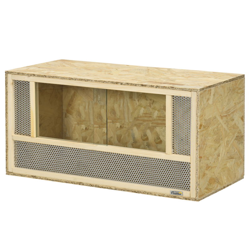 PawHut Terrarium aus OSB-Holz für Reptilien und Amphibien mit Schiebetür aus Glas - 80 x 40 x 40 cm Naturholz Aosom – Bild 1 von 2