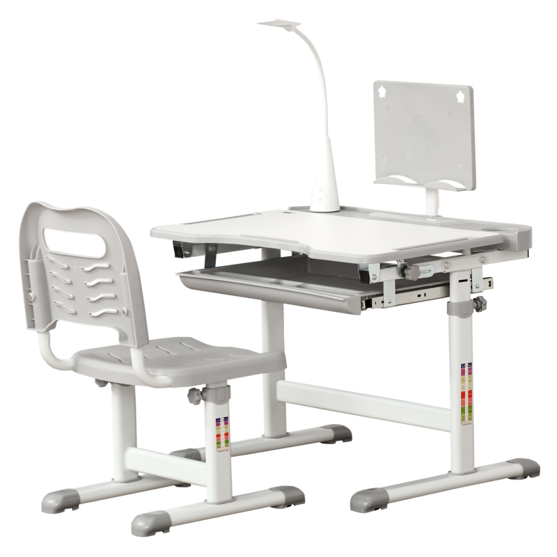 HOMCOM Kinder Schreibtisch mit Stuhl - Kinder Schreibtisch und Stuhl Set höhenverstellbar - Lampe, Leseständer, ausziehbares Tablett mit Mehrfachspeicherung - Grau Weiß Aosom – Bild 1 von 2
