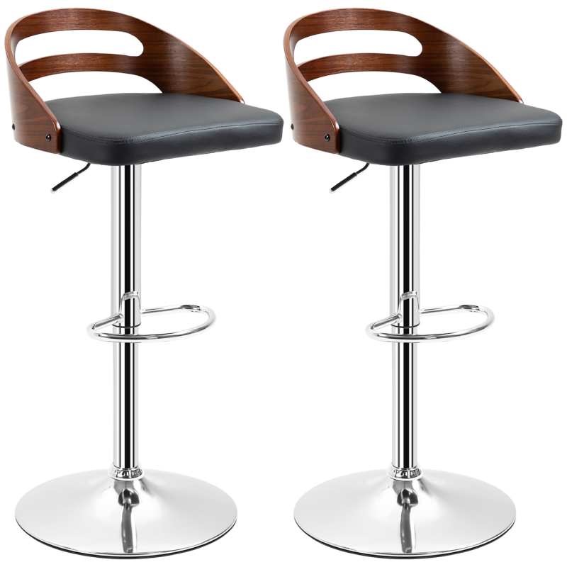 HOMCOM Set mit 2 zeitgenössischen Design-Barhockern Höhenverstellbar 360° drehbar synthetisches Leder Schwarz Rückenlehne mit Holzoptik Aosom – Bild 1 von 2
