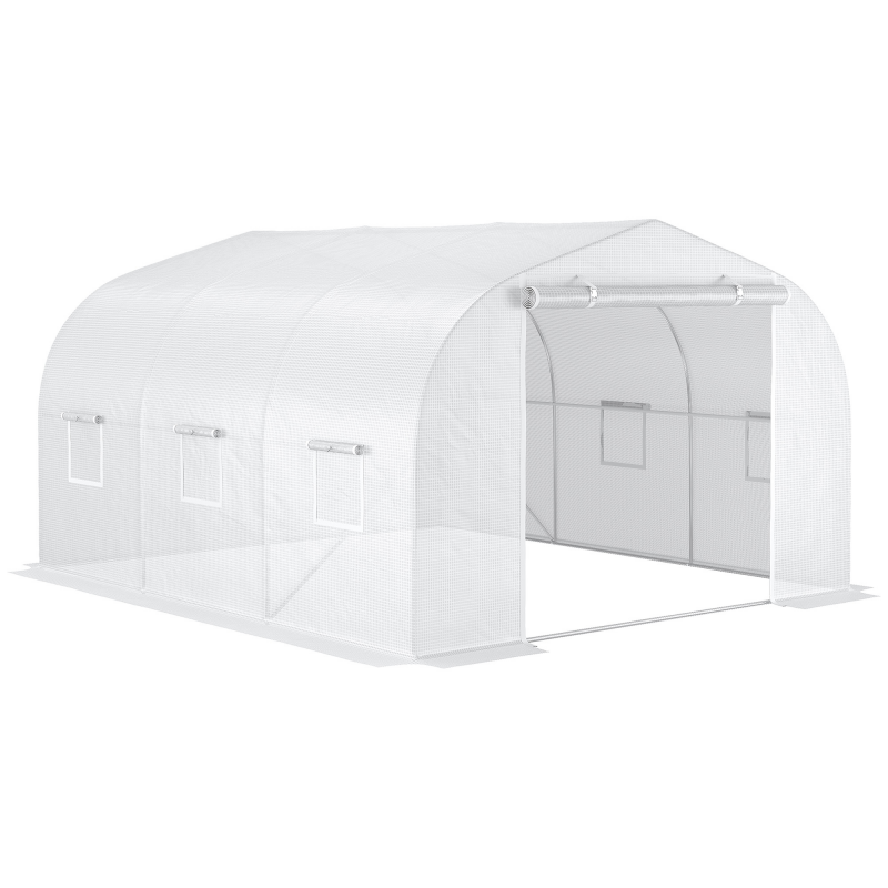 Outsunny Garten-Tunnelgewächshaus dim. 3,5L x 3B x 2H m Tür + 6 aufrollbare Fenster Verzinkter Stahl PE-Hochdichte-Plane Weiß Aosom – Bild 1 von 2