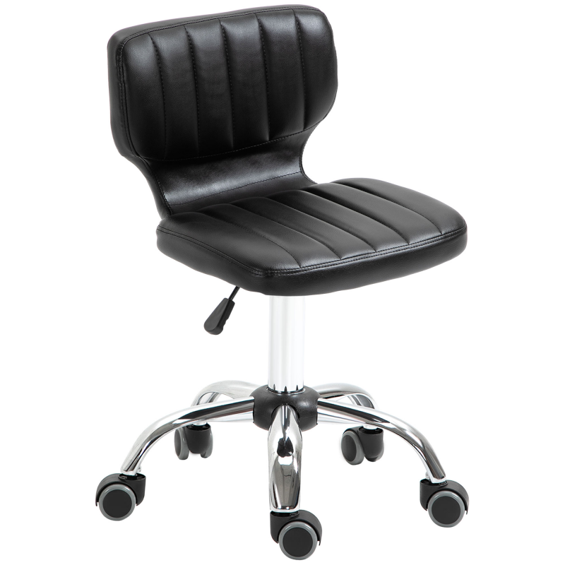 HOMCOM Drehbarer Rollhocker - Drehhocker für Arbeit - Ergonomischer Hocker - Höhenverstellbarer Sitz 47-62 cm - Gepolstertes PU-Synthetikleder in Schwarz verchromtes Metall Aosom – Bild 1 von 2