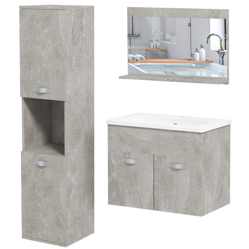 Kleankin 3-teiliges Badezimmermöbel-Set Waschtischmöbel mit Spiegelregal + Waschbeckenmöbel + wandmontierte Badschranksäule, grau Aosom – Bild 1 von 2