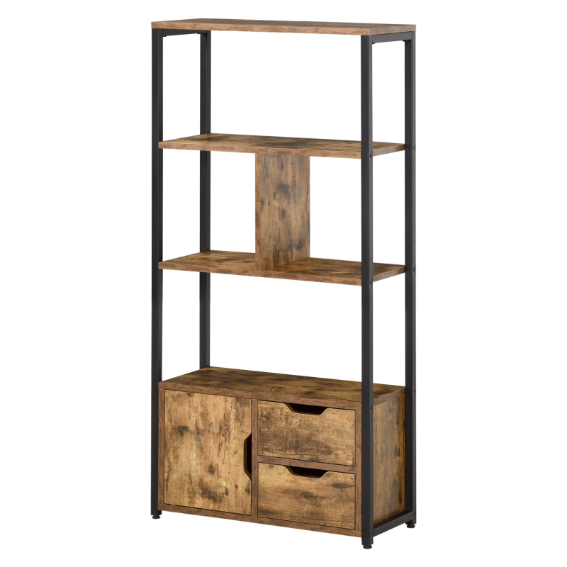 HOMCOM Industrielles Bücherregal 3 Regale Schranktür 2 Schubladen Partikelplatten Altholzoptik Stahl Schwarz Aosom – Bild 1 von 2