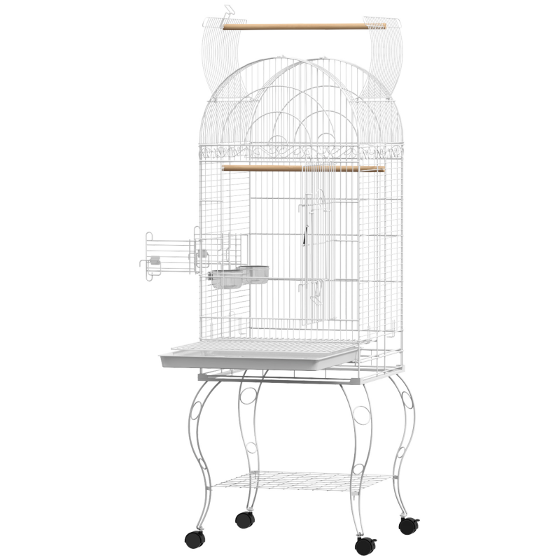 PawHut Vogelkäfig auf Rollen mit Regal, Gitter und herausnehmbarem Tablett 2 Edelstahlnäpfe, Wellensittich Sitzstange 51 x 51 x 153 cm weiß Aosom – Bild 1 von 2