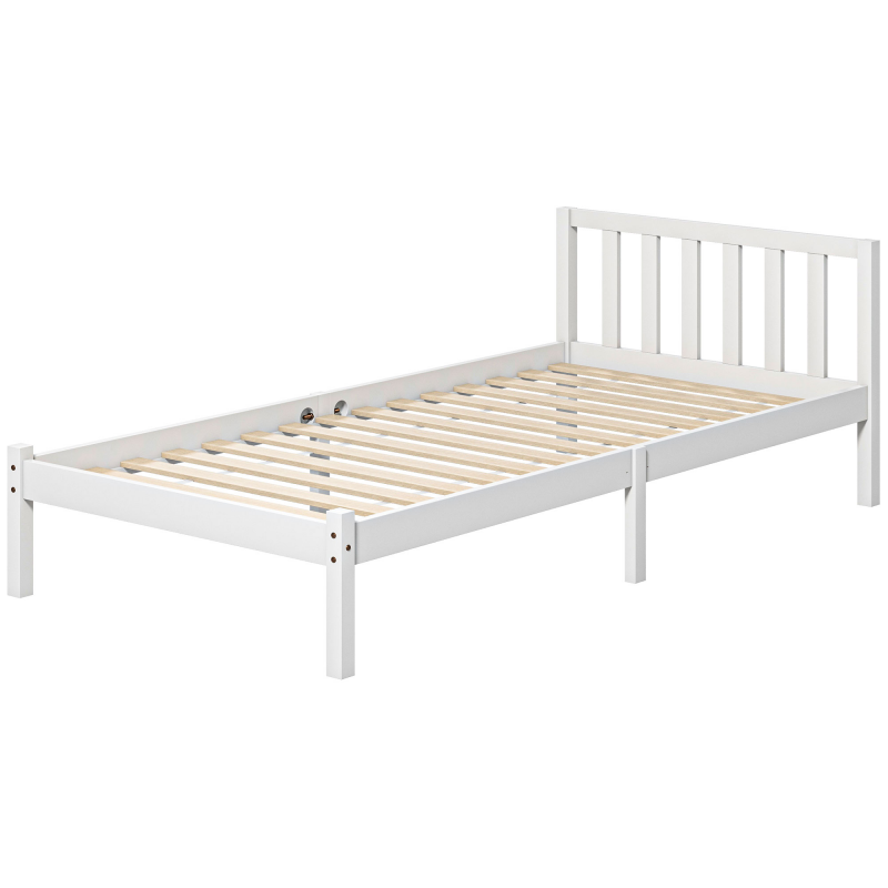 HOMCOM Massivholzbettgestell 90x190 cm Einzelbett mit Kopfteil und stabilem Lattenrost für Kinder Erwachsene Weiß Aosom – Bild 1 von 2