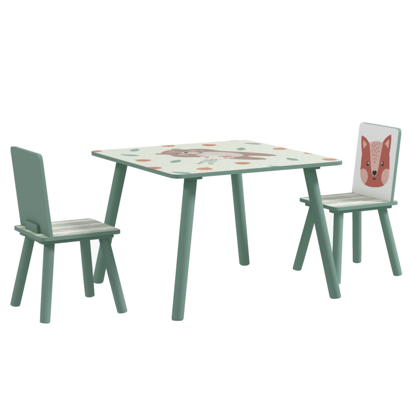 ZONEKIZ Kindertisch und 2 Stühle für Kinder 3-8 Jahre Set 3-teilig Tiermotiv für Schlafzimmer Spielzimmer mit massiven grünen Holzbeinen Aosom – Bild 1 von 2