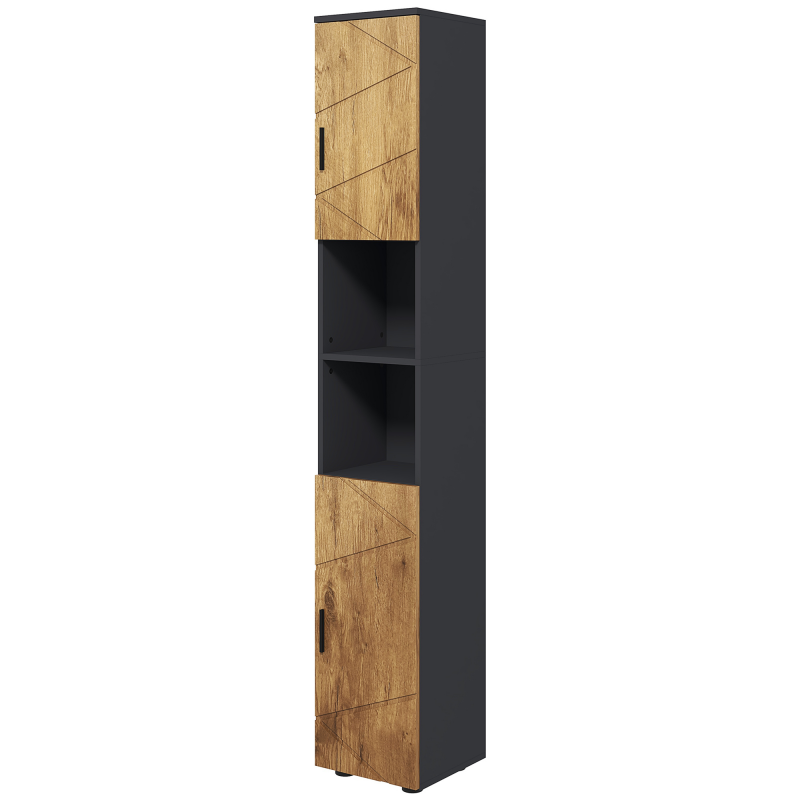 Kleankin Badezimmerschrank Aufbewahrungsschrank 2 Türen verstellbaren Regal 2 Nischen Badezimmerschrank 30 x 30 x 183 cm Eiche Dunkelgrau Aosom – Bild 1 von 2