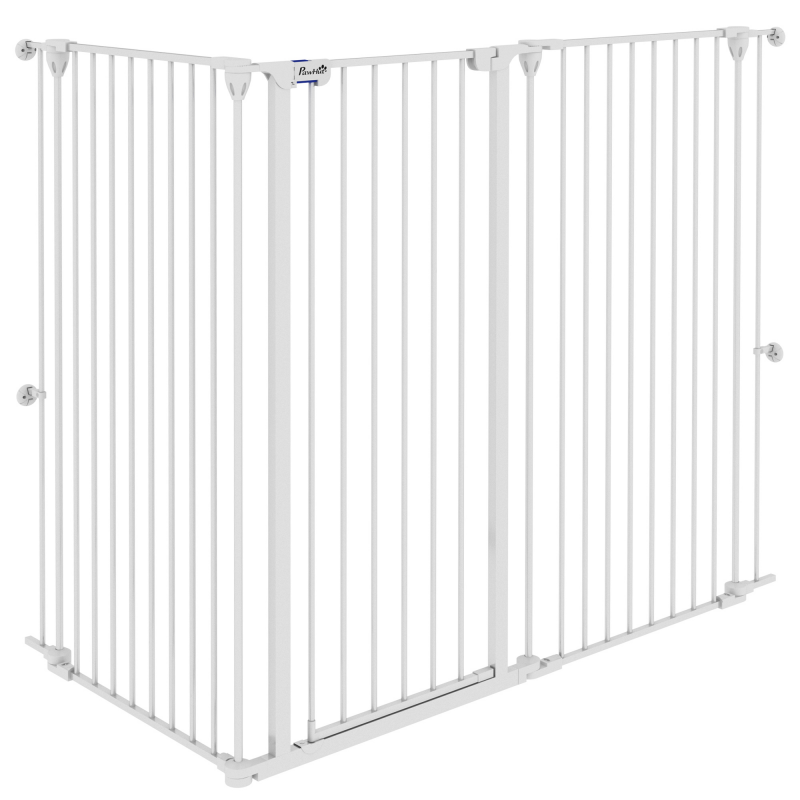 PawHut Sicherheitsgitter für Hunde aus Stahl mit 3 Klapp-Panels, Doppelverriegelung und integrierter Tür für Türen und Treppen - 206 x 120 cm Weiß Aosom – Bild 1 von 2