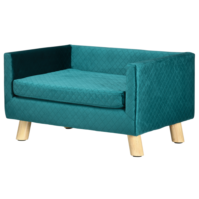 PawHut Hundesofa Katzenbett skandinavisches Design mit flauschigem Kissen massiven Holzfüßen Maße 64 x 45 x 36 cm Velours Entenblau Aosom – Bild 1 von 2