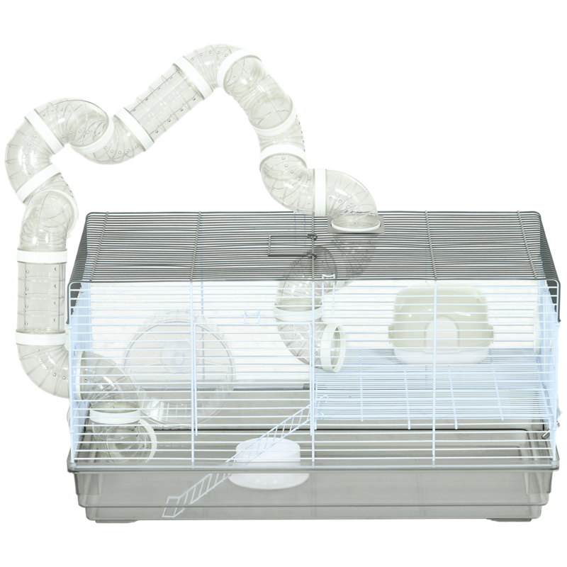 PawHut Hamsterkäfig, Nagerkäfig, mit Tunnel und Zubehör inklusive, Käfig für Hamster, Griff, Stahlgitter, 58 x 32 x 31 cm, grau Aosom – Bild 1 von 2