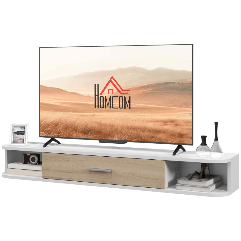 HOMCOM Wand-TV-Möbel TV-Bank TV-Möbel für TVs bis zu 50 Zoll mit 2 offenen Fächern und einem klappbaren Schrank 120L x 26B x 16H cm Weiß Aosom – Bild 1 von 2