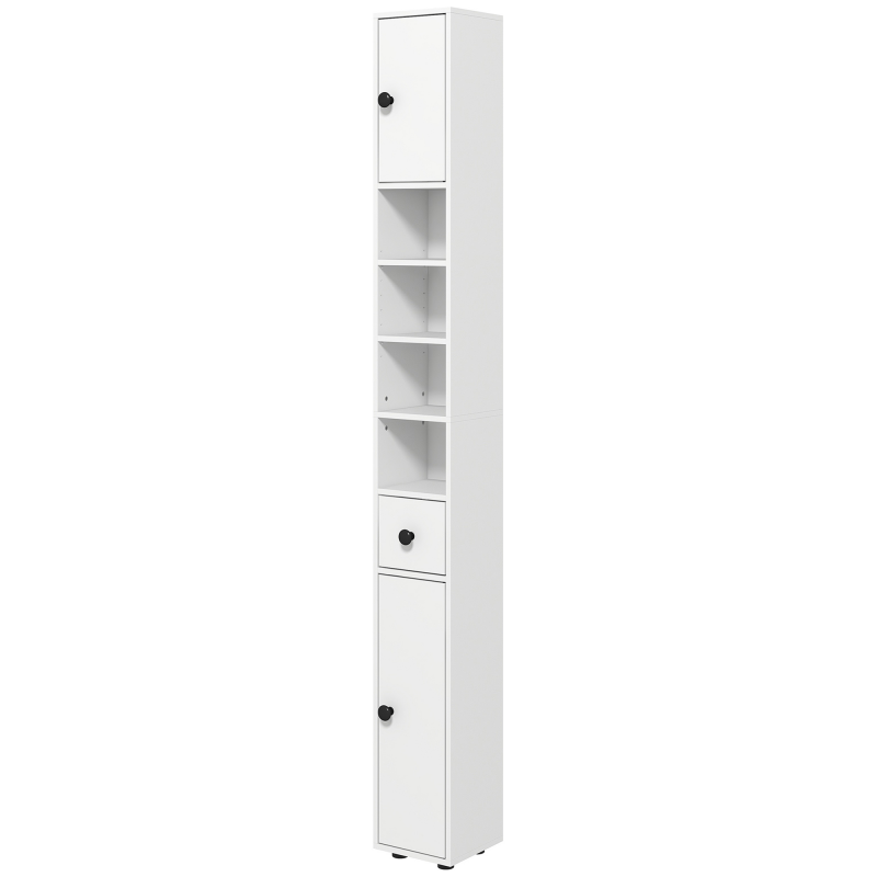 kleankin Badezimmerschrank Hochschrank mit 4 verstellbaren Regalen, 1 Schublade und 2 Schränken modernes Design 20 x 20 x 180 cm weiß Aosom – Bild 1 von 2