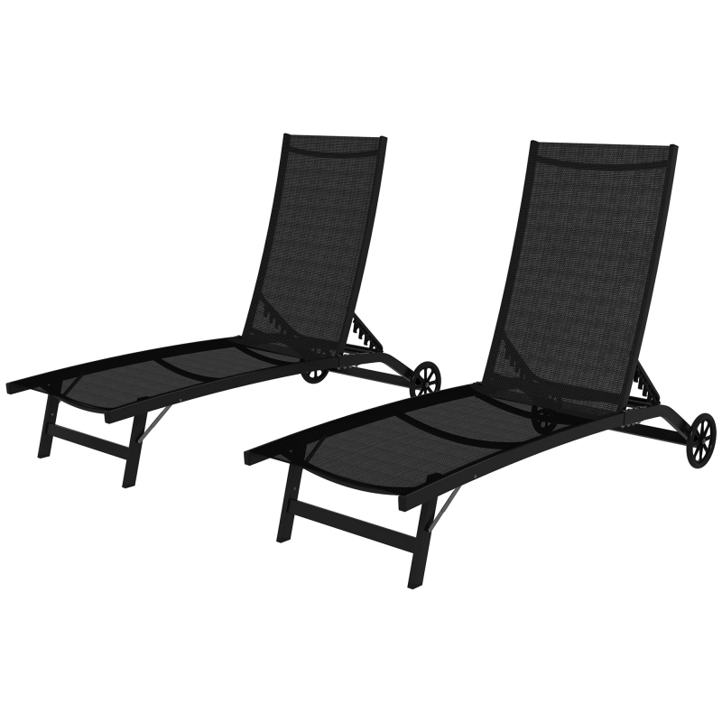 Outsunny Set aus 2 Sonnenliegen Liege mit verstellbarer Rückenlehne aus Aluminium und Textilene mit Rollen Mehrfachpositionen Schwarz Aosom – Bild 1 von 2