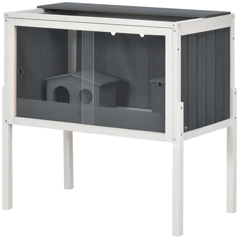 PawHut Hamsterkäfig aus Holz für Zwerghamster Nagerkäfig Kleintierkäfig mit 2 Hütten und Zubehör, groß Mäusekäfig Käfig 82 x 45 x 81 cm Grau Aosom – Bild 1 von 2