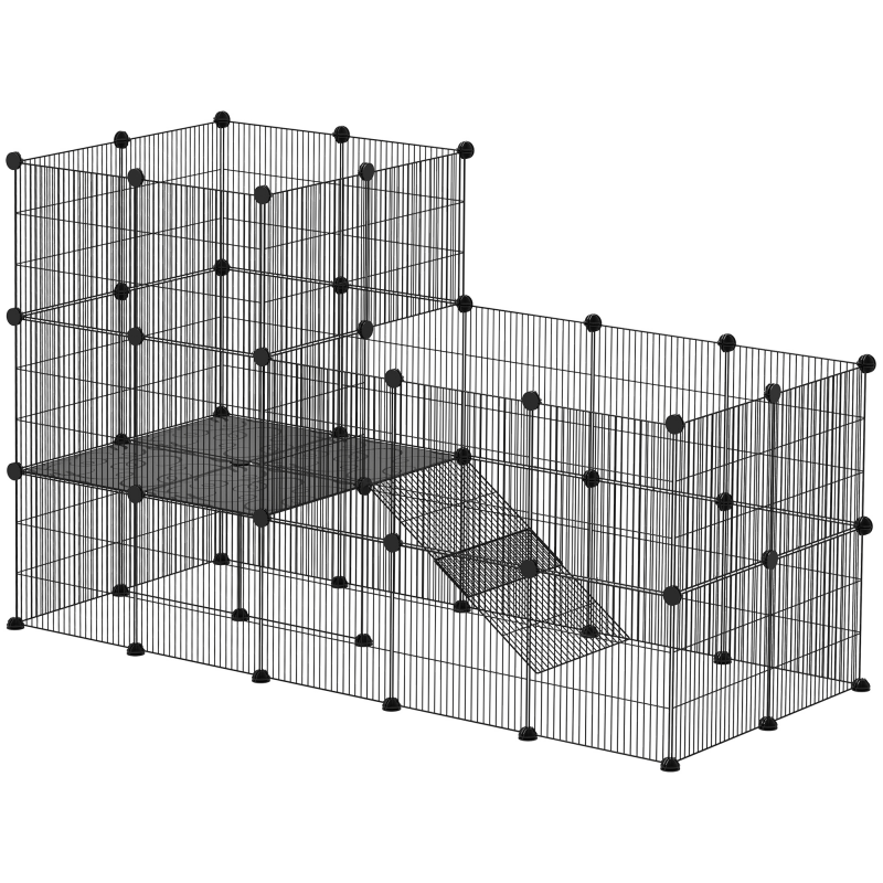 PawHut Kleintiergehege Kleintierkäfig mit 39 Platten Freigehege mit Rampe DIY Gittergehege Metall Kleintiere öffenbar Schwarz 140 x 70 x 105 cm Aosom – Bild 1 von 2