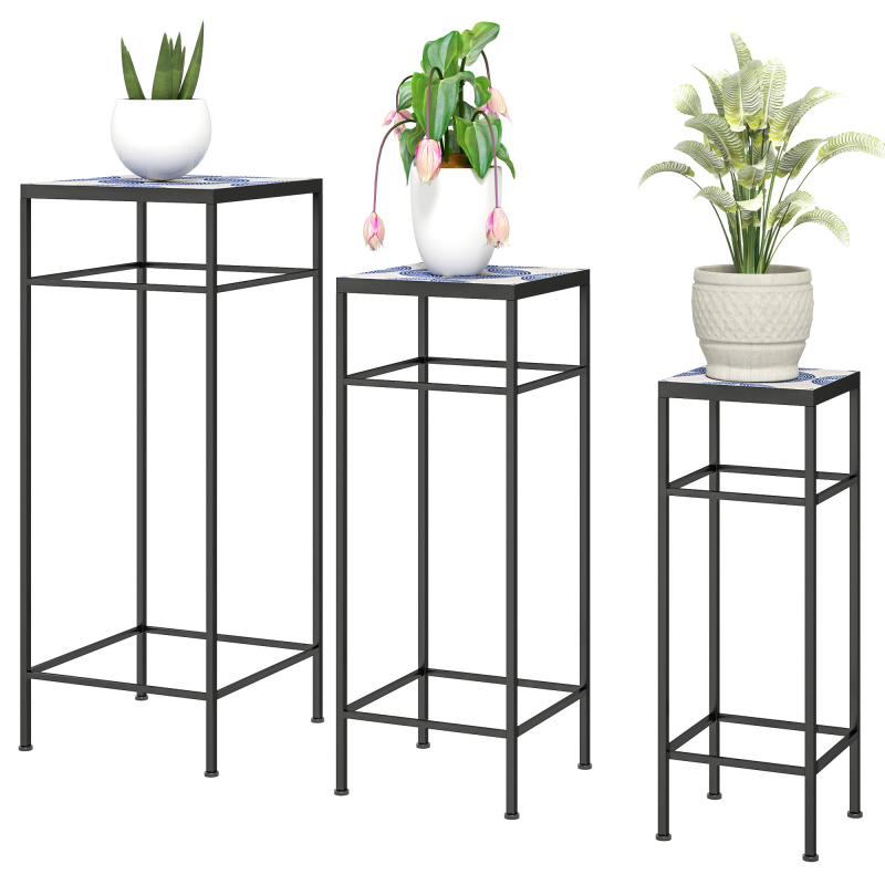 Outsunny 3er-Set Pflanzenständer, 71 cm hoch Blumenständer für Innen, Pflanzenregal aus Metall, 3 verschieden große Blumenregal, Blumenhocker, Blumentopfständer für Wohnzimmer Garten Balkon Blau+Weiß Aosom – Bild 1 von 2