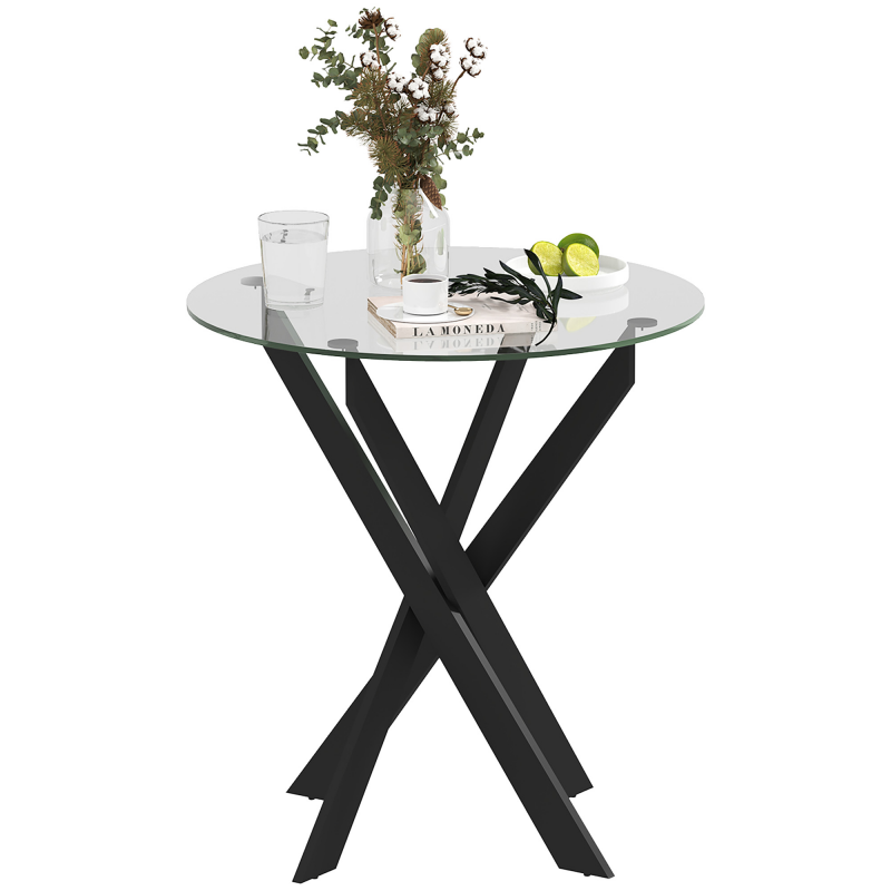HOMCOM Esstisch, Rund Küchentisch für 4 Personen, Esszimmertisch mit Stahlbeinen, Tischplatte aus Hartglas, für Esszimmer, Küche, Ø70 x 75 cm, Modern Design, Schwarz+Transparent Aosom – Bild 1 von 2