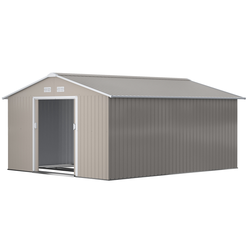 Outsunny Gerätehaus 12,4 m², Gartenhaus mit Pultdach, Schiebetür, Fundament, 340 x 386 x 200 cm, Geräteschuppen aus Verzinkter Stahl, wetterfest, für Garten, Kohlegrau Aosom – Bild 1 von 2