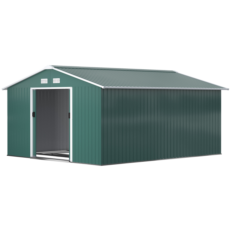 Outsunny Gerätehaus 12,4 m², Gartenhaus mit Pultdach, Schiebetür, Fundament, 340 x 386 x 200 cm, Geräteschuppen aus Verzinkter Stahl, wetterfest, für Garten, Dunkelgrün Aosom – Bild 1 von 2