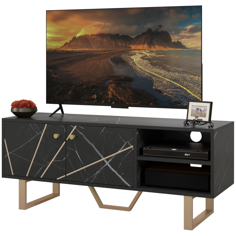 HOMCOM TV-Schrank TV-Ständer für Fernseher bis zu 50 Zoll mit Schrank, verstellbarem Regal und Kabeldurchführungen, Maße 110B x 35T x 45H cm in Schwarz mit Marmoroptik Aosom – Bild 1 von 2