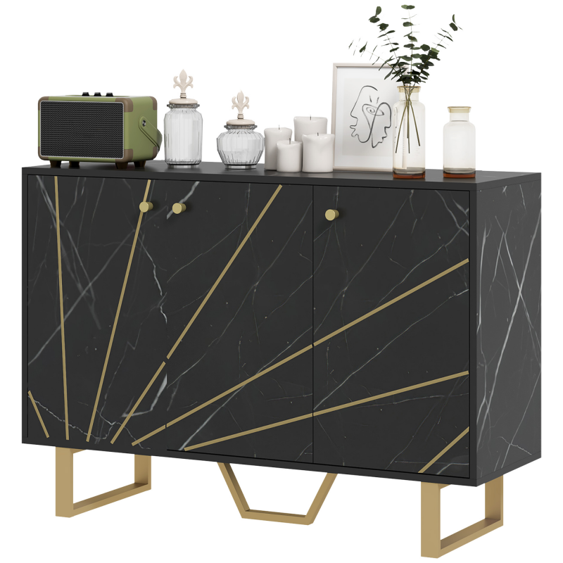 HOMCOM Aufbewahrungsschrank Sideboard für Wohnzimmer mit 2 Schränken 3 Türen und verstellbaren Regalen, Metallbeine - Maße: 107L x 35B x 75H cm, schwarzer Marmoroptik Aosom – Bild 1 von 2