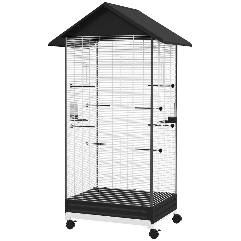 PawHut Vogelkäfig auf Rädern, freistehender Innen-Voliere für Vögel, mit herausziehbarem Tablett, 2 Futternäpfen und 8 Sitzstangen, für Finken und Kanarienvögel, 79 x 65 x 155 cm, Stahldraht, Schwarz Aosom – Bild 1 von 2
