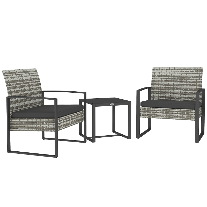 Outsunny Garten Lounge Set 2-Sitzer 3-teilig 2 Stühle mit Kissen + Couchtisch mit gehärteter Glasplatte PE Rattan 4-fach geflochten Grau Aosom – Bild 1 von 2