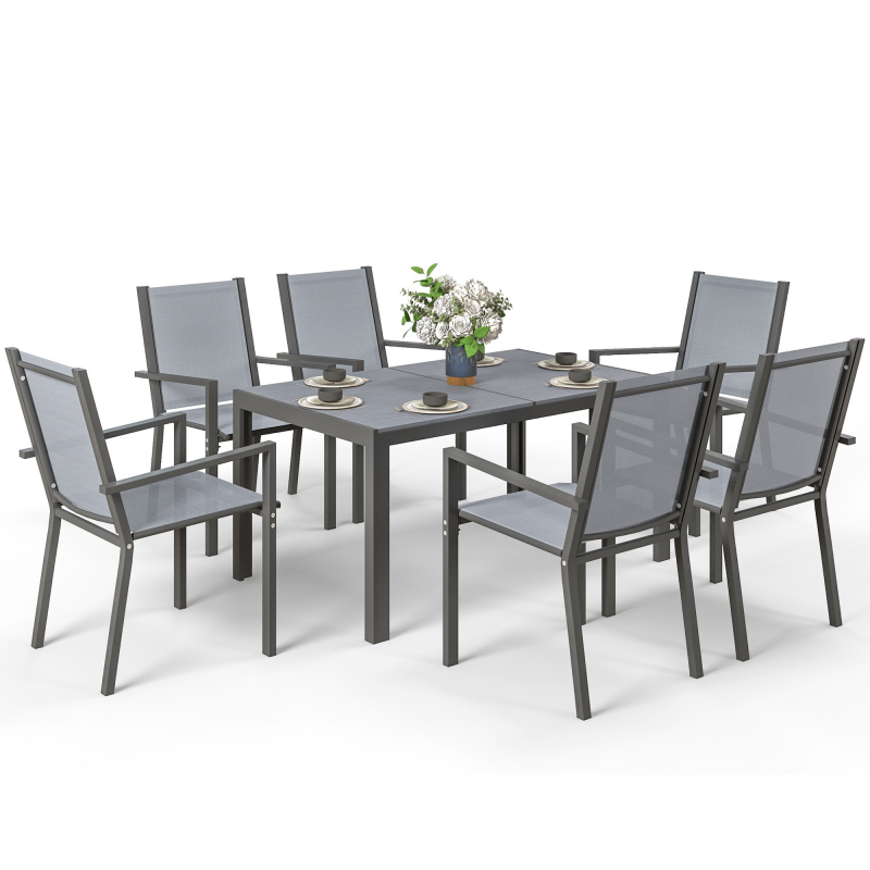 Outsunny Gartenmöbellset für 6 Personen, Outdoor Lounge Set, Stahlgestelle, stapelbare Stühle, hohe Rückenlehnen, grau Aosom – Bild 1 von 2