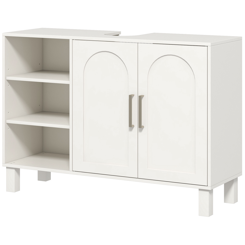 HOMCOM Unterschrank, Badezimmerschrank, mit zweistufigem Schrank, 2 Türen, verstellbaren Regalen, auf Füßen, aus Holz, 90 x 30 x 63 cm, Creme Aosom – Bild 1 von 2