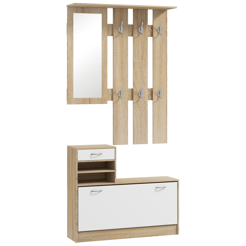 HOMCOM 3-in-1 Entryway Möbel Set Garderobe mit Garderobenpaneel, Spiegel und Schuhschrank - 6 Haken und verstellbares Regal, natürliches Holz und Weiß Aosom – Bild 1 von 2