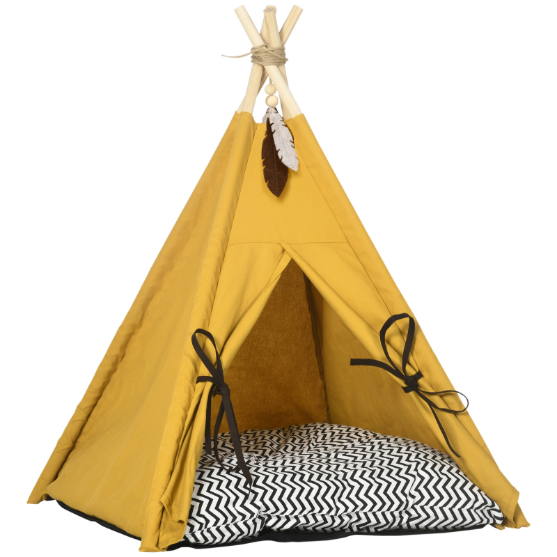 PawHut Katzenhaus Tipi-Zelt Hundebett mit Kissen, rutschfest, mit Spielball, aus Kiefernholz, Indoor in Gelb Aosom – Bild 1 von 2