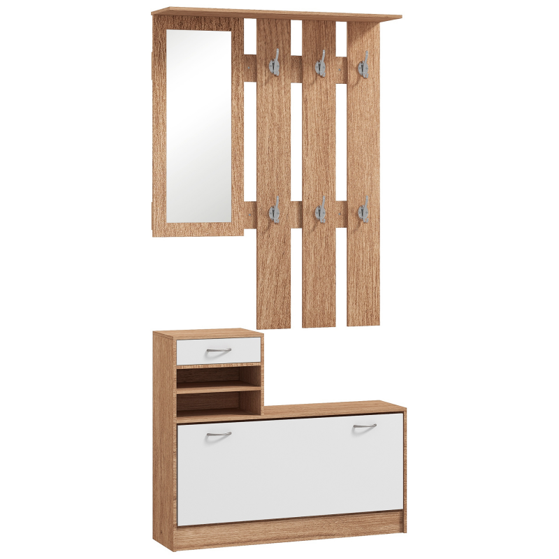 HOMCOM 3-in-1 Eingangsmöbelset Garderobe mit Garderobenpaneel, Spiegel und Schuhschrank - 6 Haken und verstellbares Regal, Nussbaum und Weiß Aosom – Bild 1 von 2