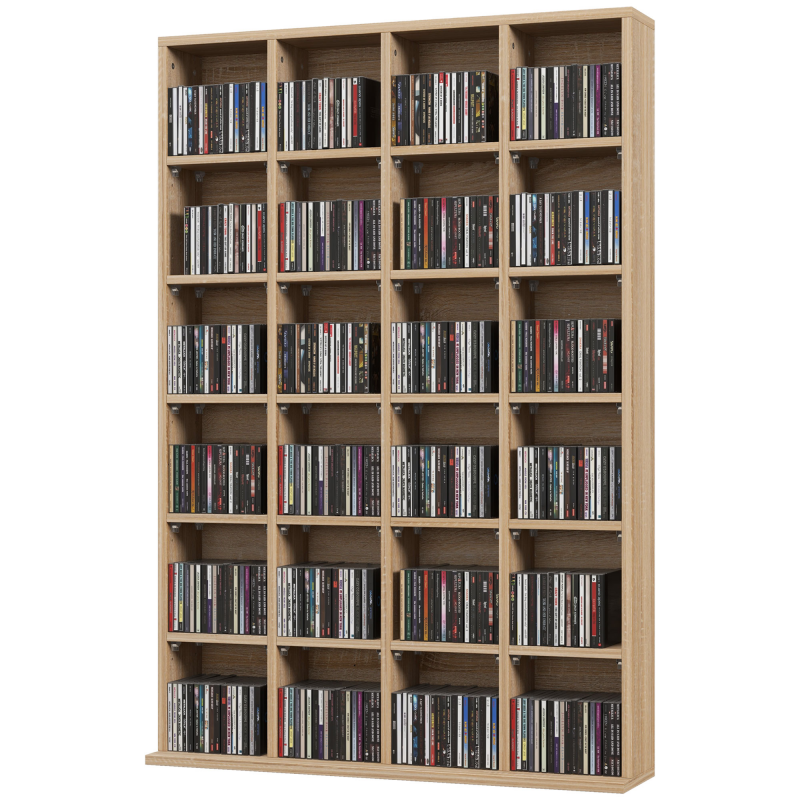 HOMCOM CD- und DVD-Aufbewahrung, Multimedia-Regal mit 24 Fächern, maximale Kapazität von 480 CDs/312 DVDs, Bücherregal aus Holz mit verstellbaren Regalen, 89 x 20 x 130,5 cm, Naturholz Aosom – Bild 1 von 2