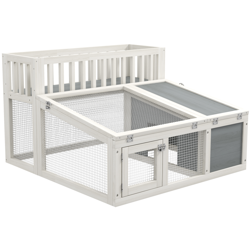 PawHut Kaninchenstall, Holzkaninchenkäfig mit Pflanzenregal großem Raum aus Holz, mehreren Türen - Maße 94L x 90B x 60H cm - Grau und Weiß Aosom – Bild 1 von 2