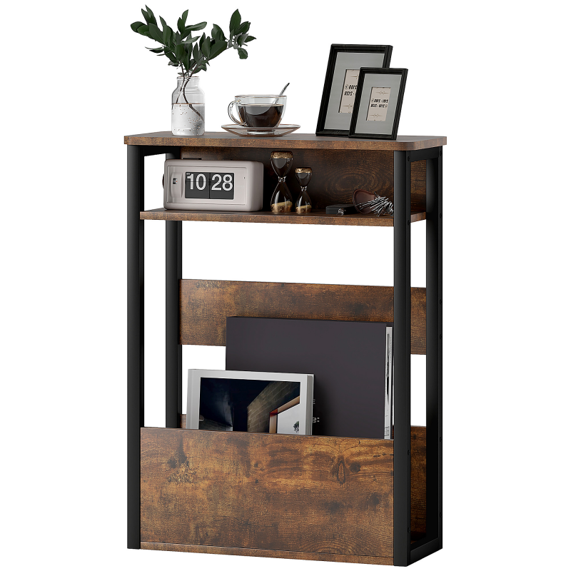 HOMCOM Beistelltisch, Nachttisch, Sofatisch, mit zweistufigem Regal, abgerundete Ecken, verstellbare Fußkappen, für Schlafzimmer, Wohnzimmer, 46 x 18 x 58,5 cm, rustikales Braun Aosom – Bild 1 von 2