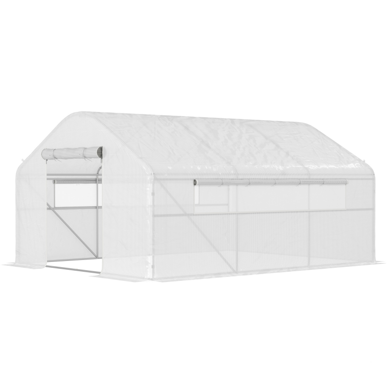 Outsunny 12 m² Garten-Gewächshaus, 4 x 3 x 2 m Tunnelgewächshaus mit Rolltüren und großen Mesh-Fenstern, verzinkter Stahl und PE mit hoher Dichte 140 g/m² UV-beständig, weiß Aosom – Bild 1 von 2