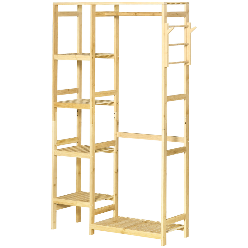 HOMCOM Kleiderständer aus Bambus mit Regalen, Stange und 2 Haken - Maße 90B x 30T x 155H cm Aosom – Bild 1 von 2